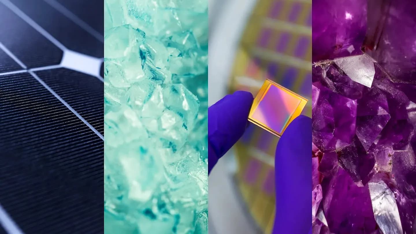 Collage of solar panel, crystal, semiconductor and mineral imagery from DeepMind materials research
