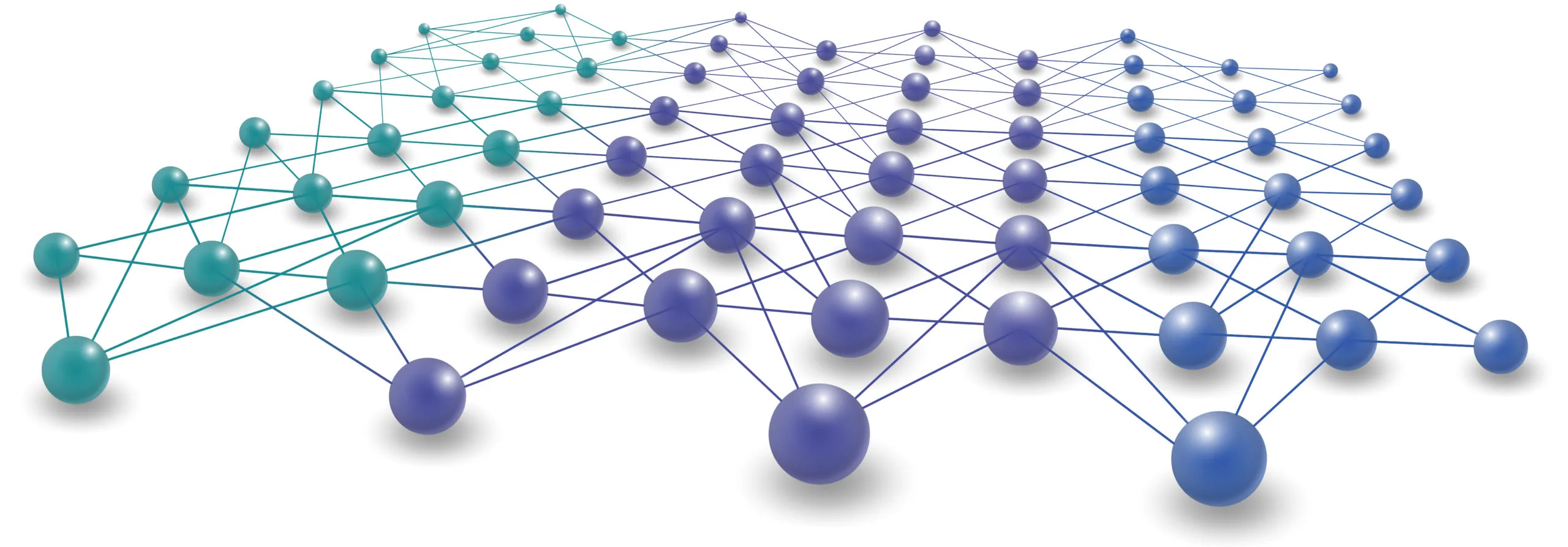 Teal, purple and blue nodes connected in layers to represent a neural network